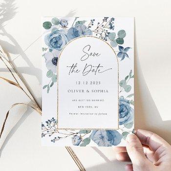 dusty blue floral gold arch save the date invitation