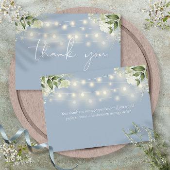 dusty blue floral greenery string lights thank you card