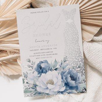 dusty blue floral silver foil dress bridal shower foil invitation