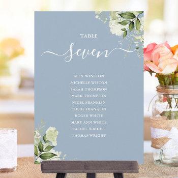 Dusty Blue Greenery Seating Plan Table Number Front View