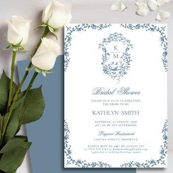 dusty blue monogram floral vintage bridal shower invitation