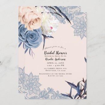 dusty blue & peach floral lace bridal shower invitation