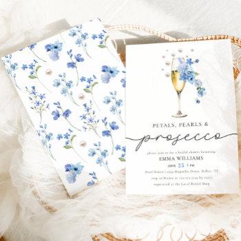 dusty blue petals pearls & prosecco bridal shower invitation