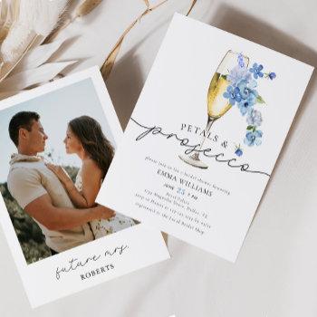 dusty blue photo petals & prosecco bridal shower invitation