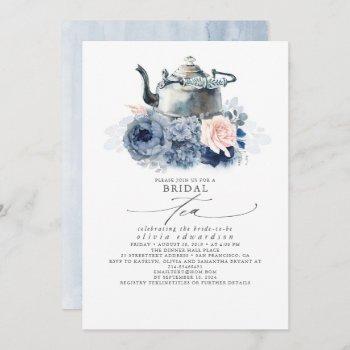 dusty blue pink flowers elegant bridal shower tea invitation