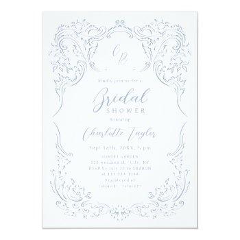 Dusty Blue Vintag Monogram Bridal Shower Invitation Front View