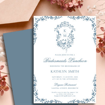 dusty blue vintage crest bridesmaids luncheon invitation