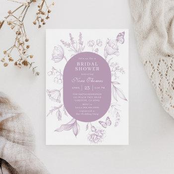 dusty lavender line art floral bridal shower invitation