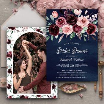 dusty pink burgundy floral navy blue bridal shower invitation