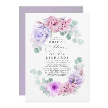 dusty purple flowers elegant soft bridal shower invitation