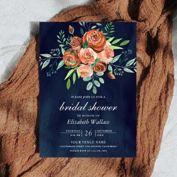 Earthy Burnt Orange Roses Navy Blue Front View