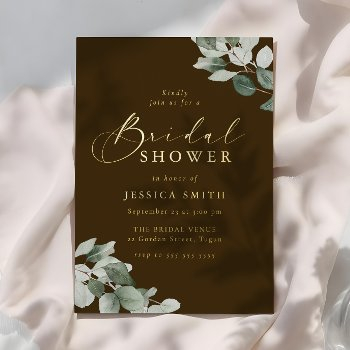 earthy green leaves rustic gold bridal shower foil invitation