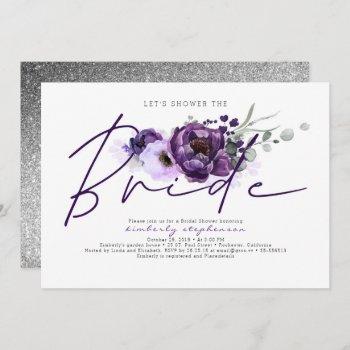 eggplant purple floral calligraphy bridal shower invitation