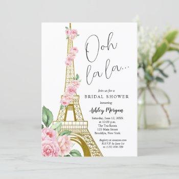 eiffel tower paris pink flowers bridal shower invitation