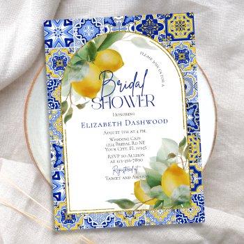 elegant arch italian blue tile lemon bridal shower invitation