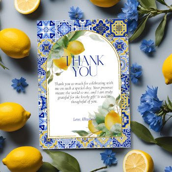 elegant arch italian blue tile lemon bridal shower thank you card