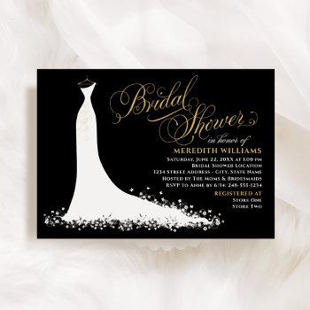 elegant black and gold wedding gown bridal shower invitation