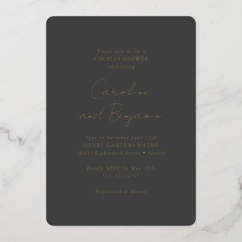 elegant black modern minimalist couple shower gold foil invitation