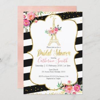 elegant black paris floral romantic bridal shower invitation