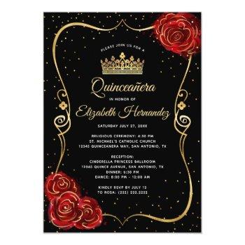 Elegant Black Red Rose And Gold Quinceanera Invitation Front View