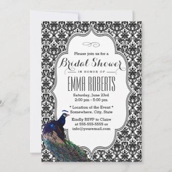 elegant black & white damask peacock bridal shower invitation