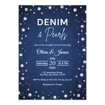 Elegant Blue Denim And Pearls Couple's Shower Invitation Front View