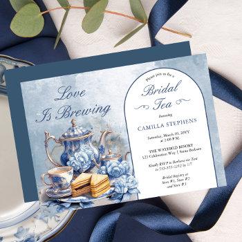 elegant blue floral tea set bridal shower tea  invitation