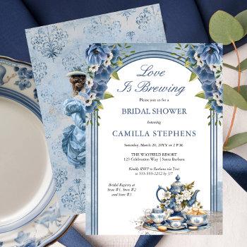 elegant blue floral tea set bridal tea shower invitation