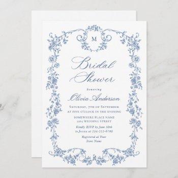 elegant blue french toile garden bridal shower invitation