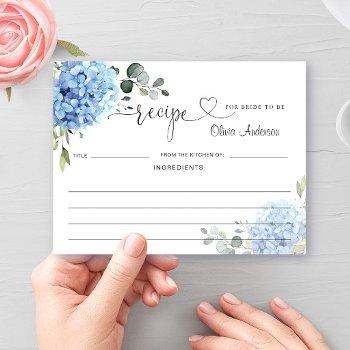 elegant blue hydrangea bridal shower recipe card