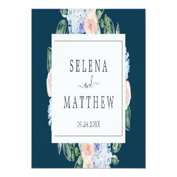 Elegant Blue Hydrangea | Navy Folded Wedding Place Card Front View