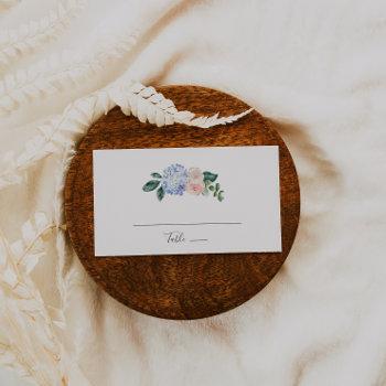 elegant blue hydrangea | white flat wedding place card