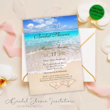 elegant blue ocean tropical beach bridal shower invitation