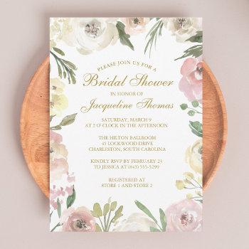 elegant blush pink peony floral gold bridal shower invitation