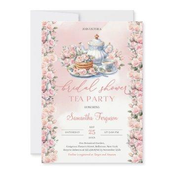 elegant boho watercolor soft pink roses tea party invitation