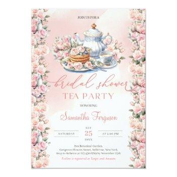 Elegant Boho Watercolor Soft Pink Roses Tea Party Invitation Front View