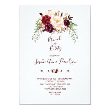 Elegant Burgundy Marsala Floral Brunch & Bubbly Invitation Front View