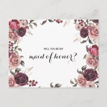 elegant burgundy summer floral maid of honor invitation postcard