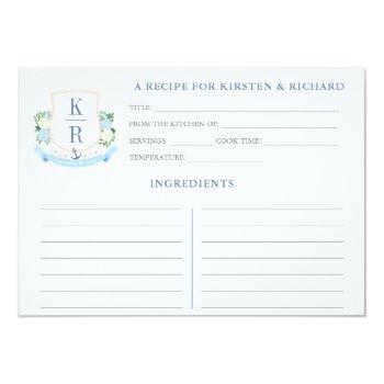 Elegant Coastal Monogram Bridal Shower Recipe Card Front View