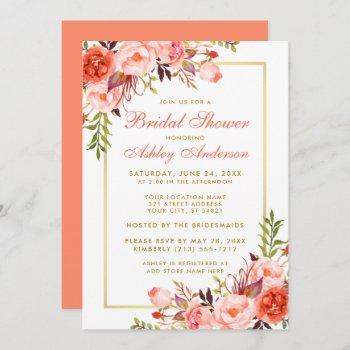 elegant coral floral gold bridal shower invitation