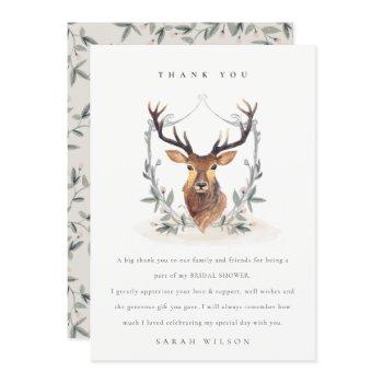 elegant cute dusky deer floral crest bridal shower thank you card