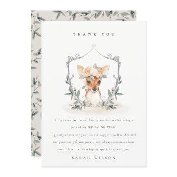 elegant cute dusky deer floral crest bridal shower thank you card