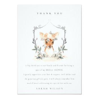 Elegant Cute Dusky Deer Floral Crest Bridal Shower Thank You Card Front View