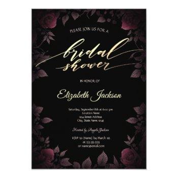 Elegant Dark Burgundy Roses Black Bridal Shower  Invitation Front View