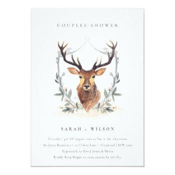 Elegant Deer Floral Crest Couples Shower Invite Front View