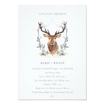 Elegant Deer Floral Crest Couples Shower Invite Front View