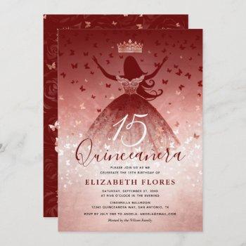 elegant dress burgundy rose gold pink quinceanera invitation