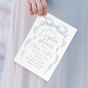 Elegant Dusty Blue Hand Drawn Bow Couples Shower Invitation Front View