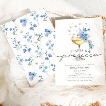 elegant dusty blue pearls & prosecco bridal shower invitation