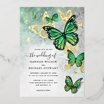 elegant emerald green gold butterfly wedding real foil invitation